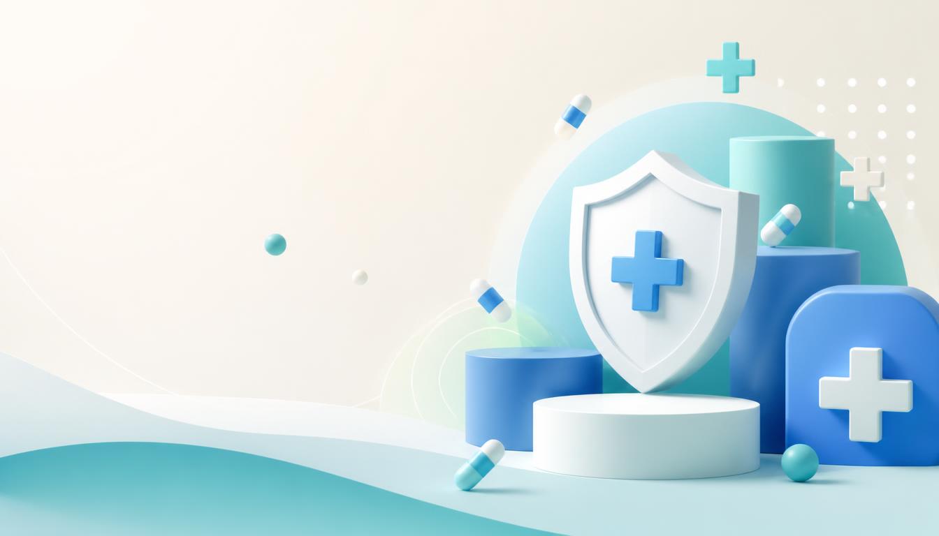 Abstract healthcare illustration with shield, plus signs, and capsules